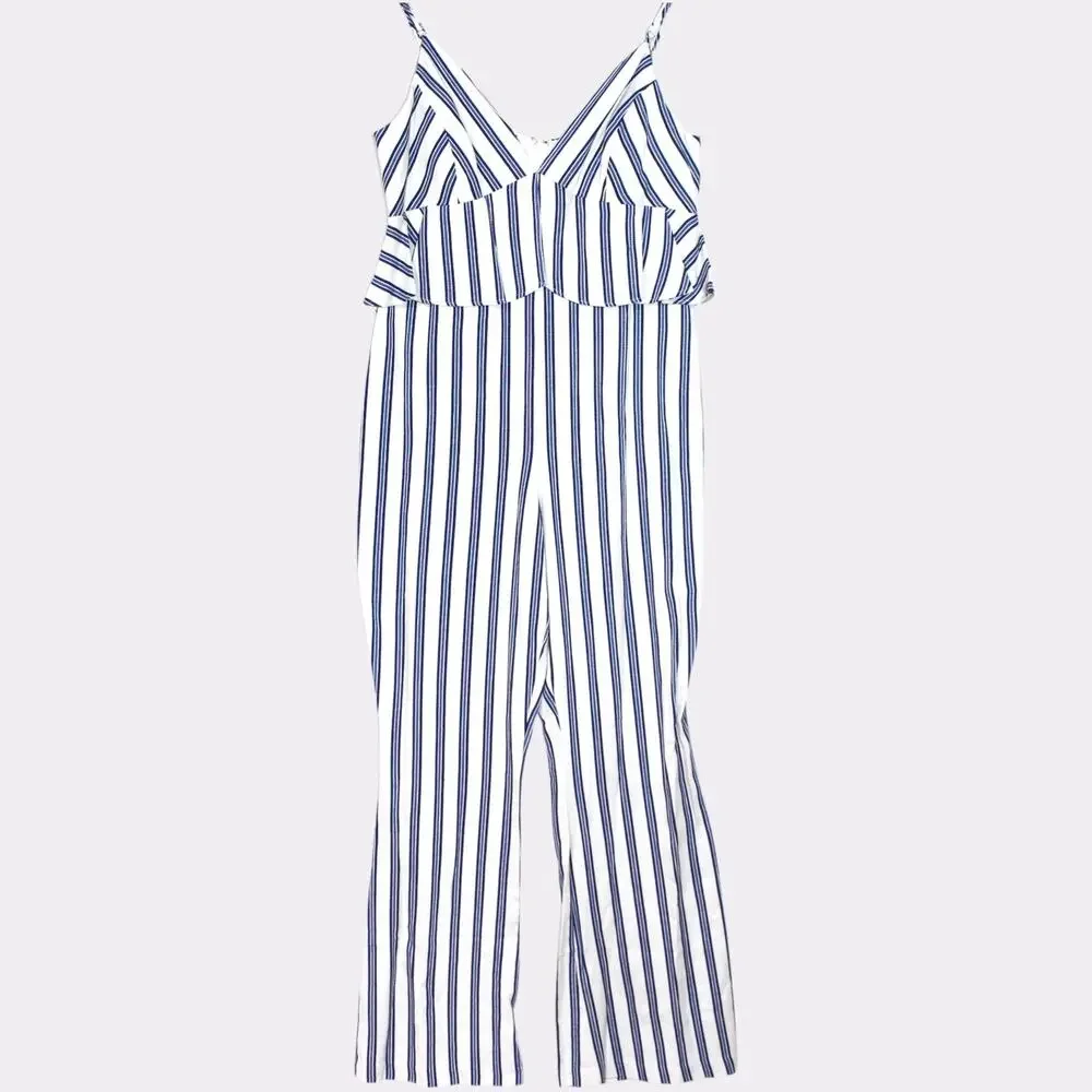 BCBGeneration Blue Striped Peplum Jumpsuit Size 12 NWT